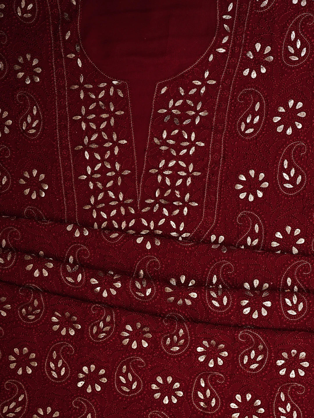 Ada Hand Embroidered Maroon Viscose Georgette Lucknowi Chikankari UnStitched Kurta Dupatta Set With Gota Patti Work 01A933452