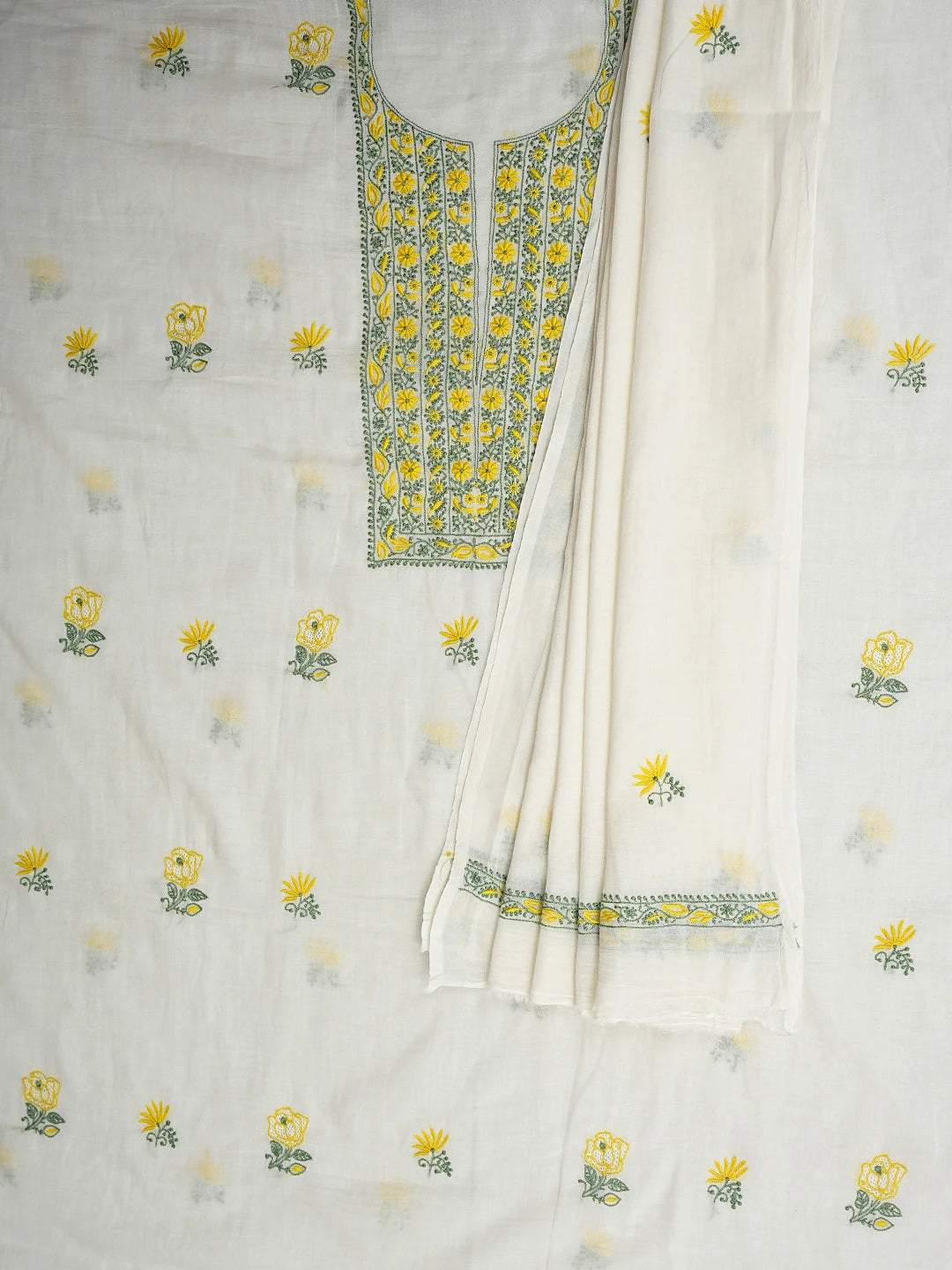 Ada Hand Embroidered Cream Chanderi Lucknowi Chikankari Unstitched Kurta Dupatta Set 01A948905