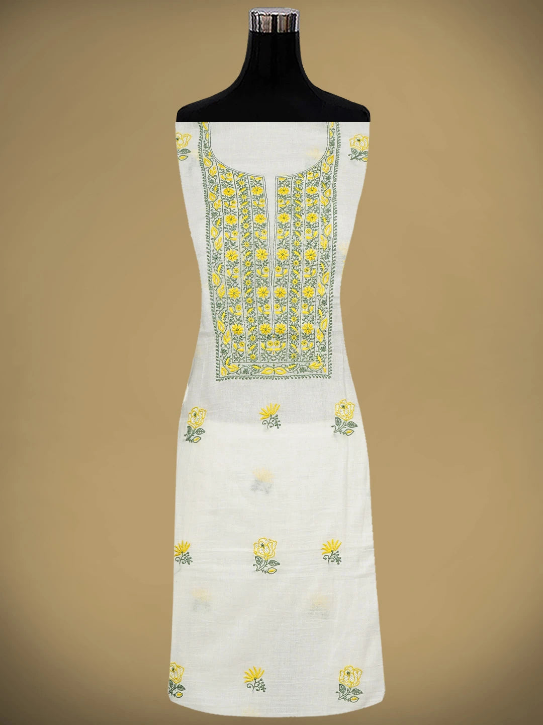 Ada Hand Embroidered Cream Chanderi Lucknowi Chikankari Unstitched Kurta Dupatta Set 01A948905