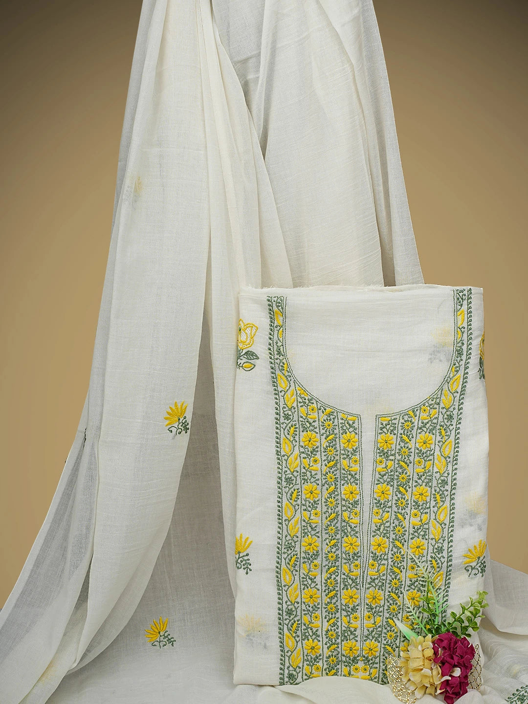 Ada Hand Embroidered Cream Chanderi Lucknowi Chikankari Unstitched Kurta Dupatta Set 01A948905