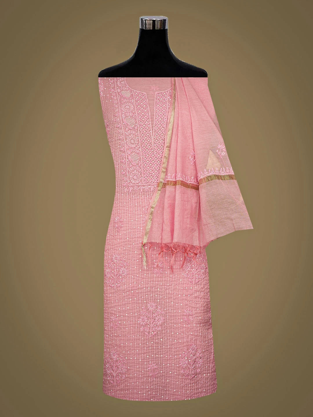 Ada Hand Embroidered Pink Chanderi Lucknowi Chikankari Unstitched Kurta Dupatta Set With Cutdana Work 01A762768