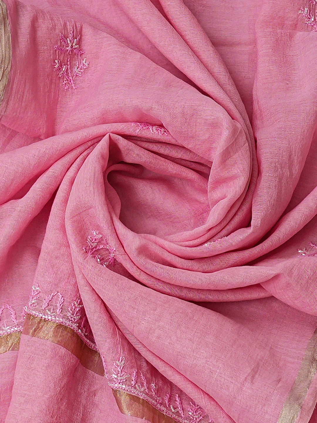 Ada Hand Embroidered Pink Chanderi Lucknowi Chikankari Unstitched Kurta Dupatta Set With Cutdana Work 01A762768