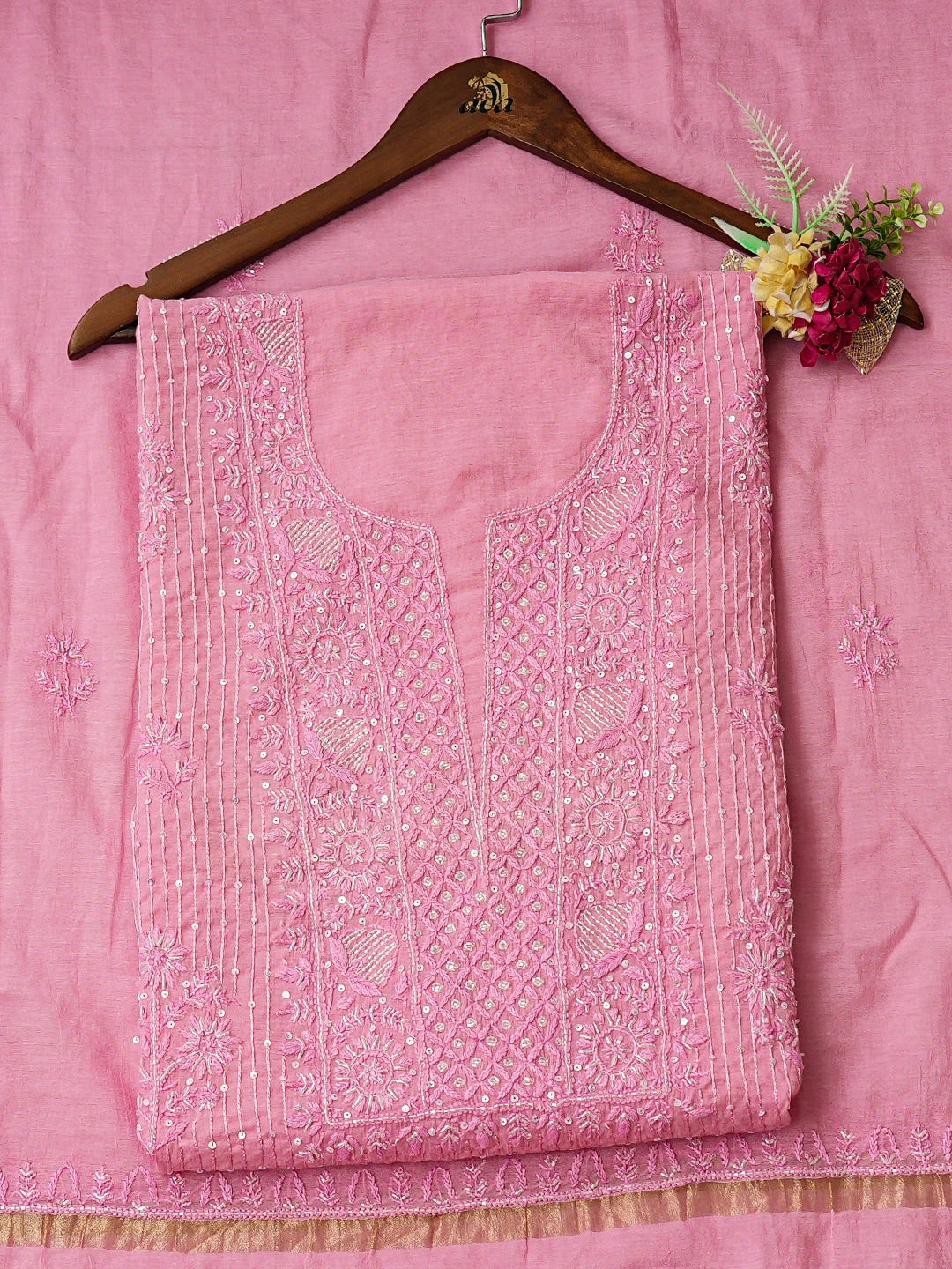 Ada Hand Embroidered Pink Chanderi Lucknowi Chikankari Unstitched Kurta Dupatta Set With Cutdana Work 01A762768