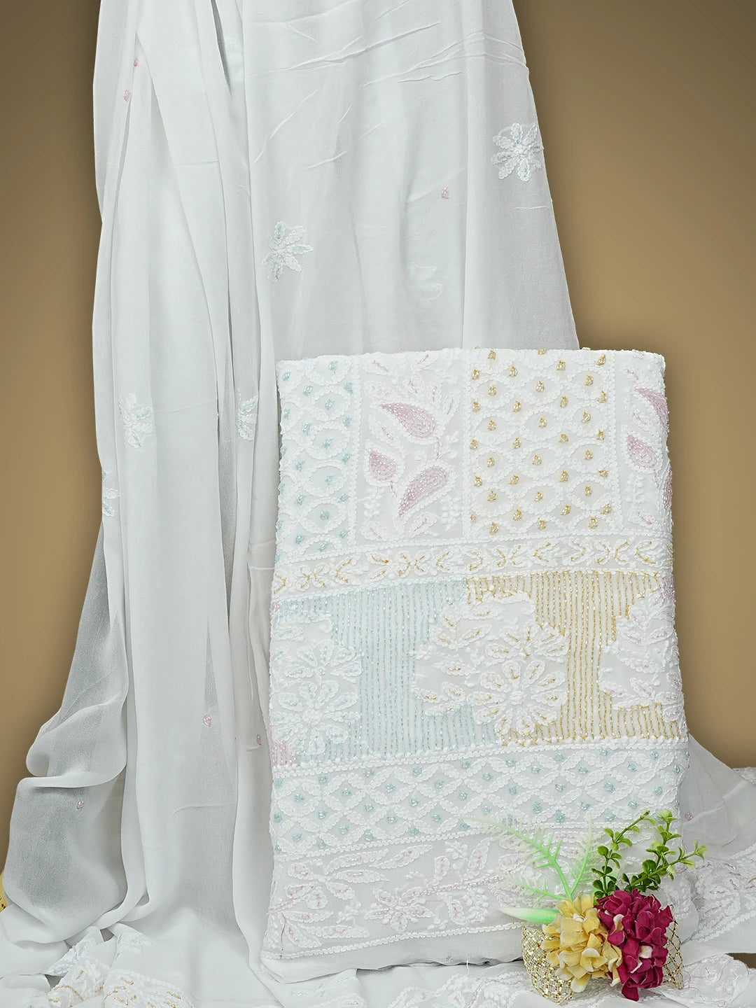 Ada Hand Embroidered White Viscose Georgette Lucknowi Chikankari Unstitched Kurta Dupatta Set With Cutdana Work 01A948013