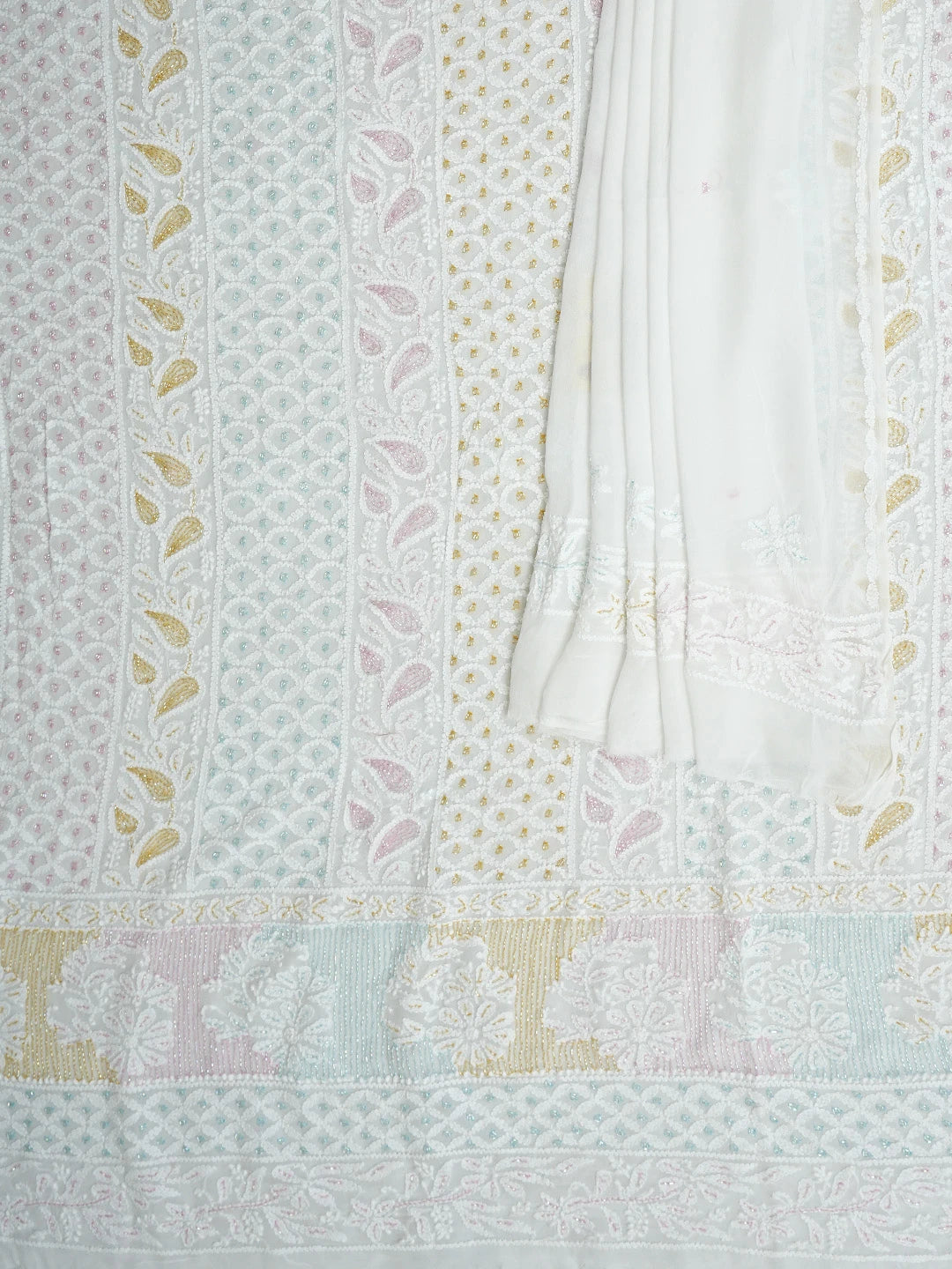 Ada Hand Embroidered White Viscose Georgette Lucknowi Chikankari Unstitched Kurta Dupatta Set With Cutdana Work 01A948013