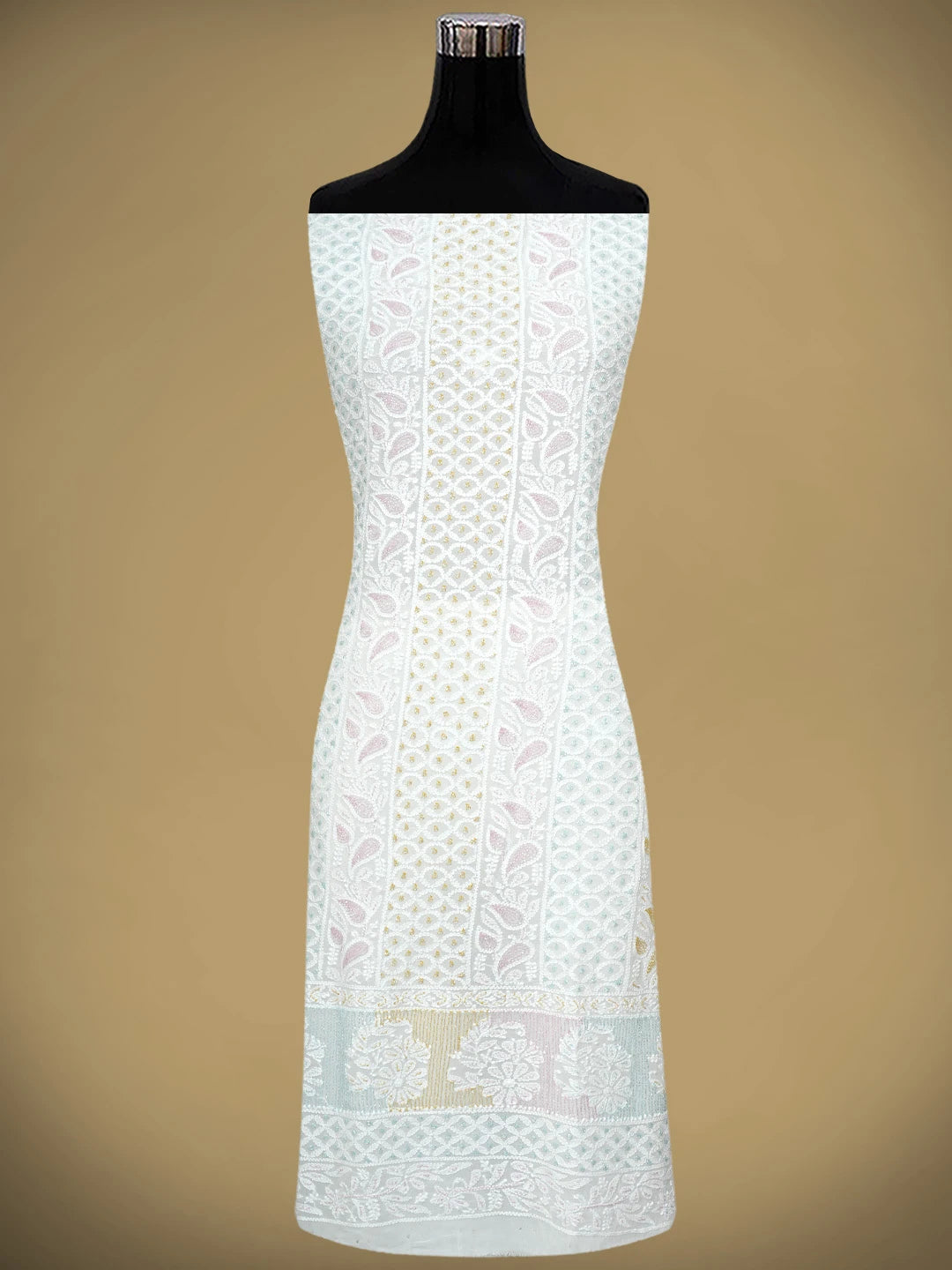 Ada Hand Embroidered White Viscose Georgette Lucknowi Chikankari Unstitched Kurta Dupatta Set With Cutdana Work 01A948013