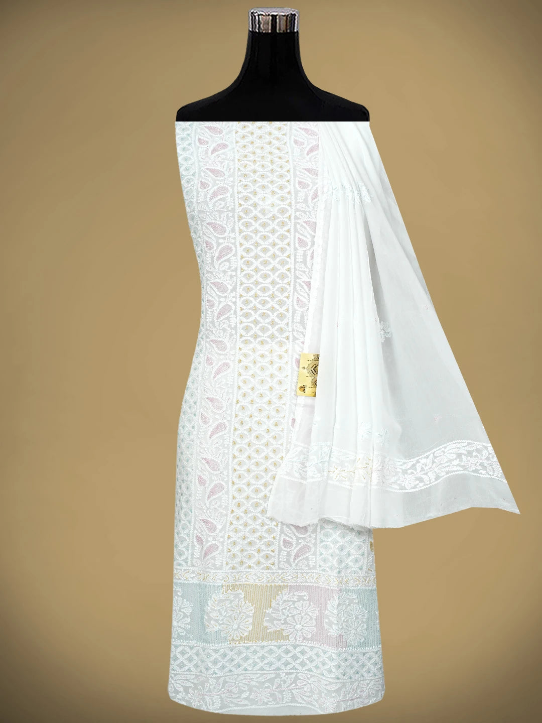 Ada Hand Embroidered White Viscose Georgette Lucknowi Chikankari Unstitched Kurta Dupatta Set With Cutdana Work 01A948013