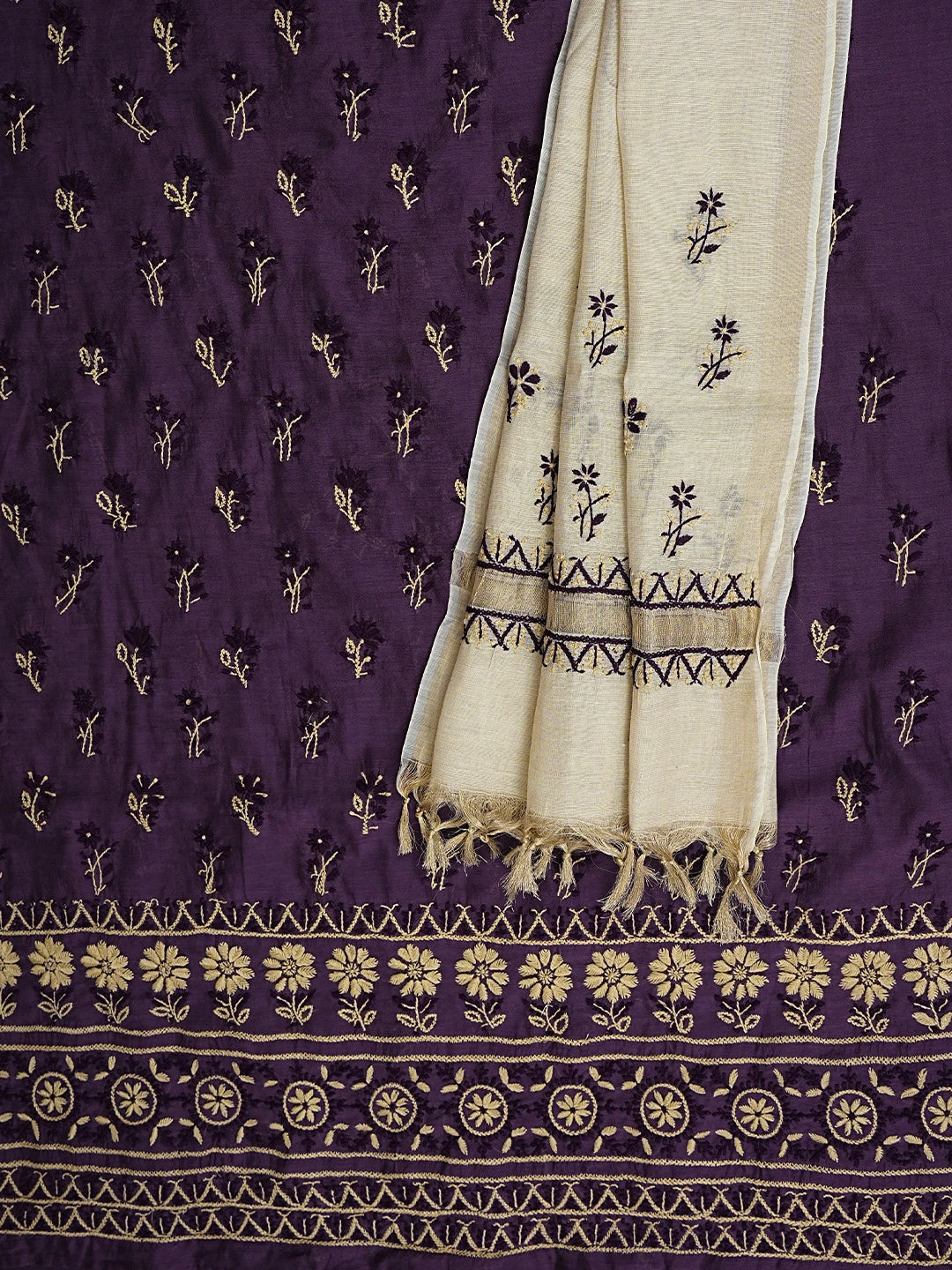 Ada Hand Embroidered Purple Chanderi Lucknowi Chikankari Unstitched Kurta Dupatta Set 01A945668