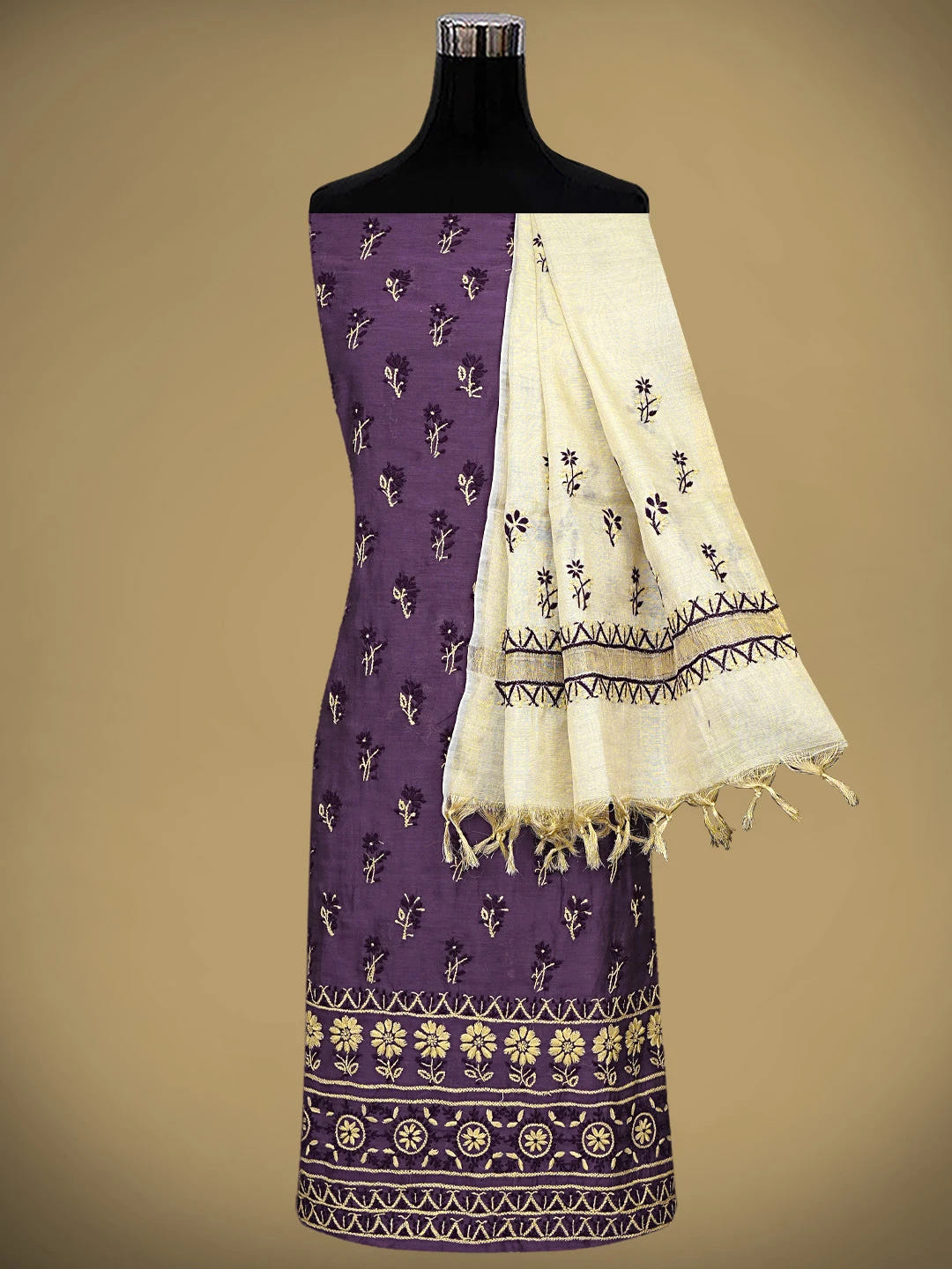 Ada Hand Embroidered Purple Chanderi Lucknowi Chikankari Unstitched Kurta Dupatta Set 01A945668
