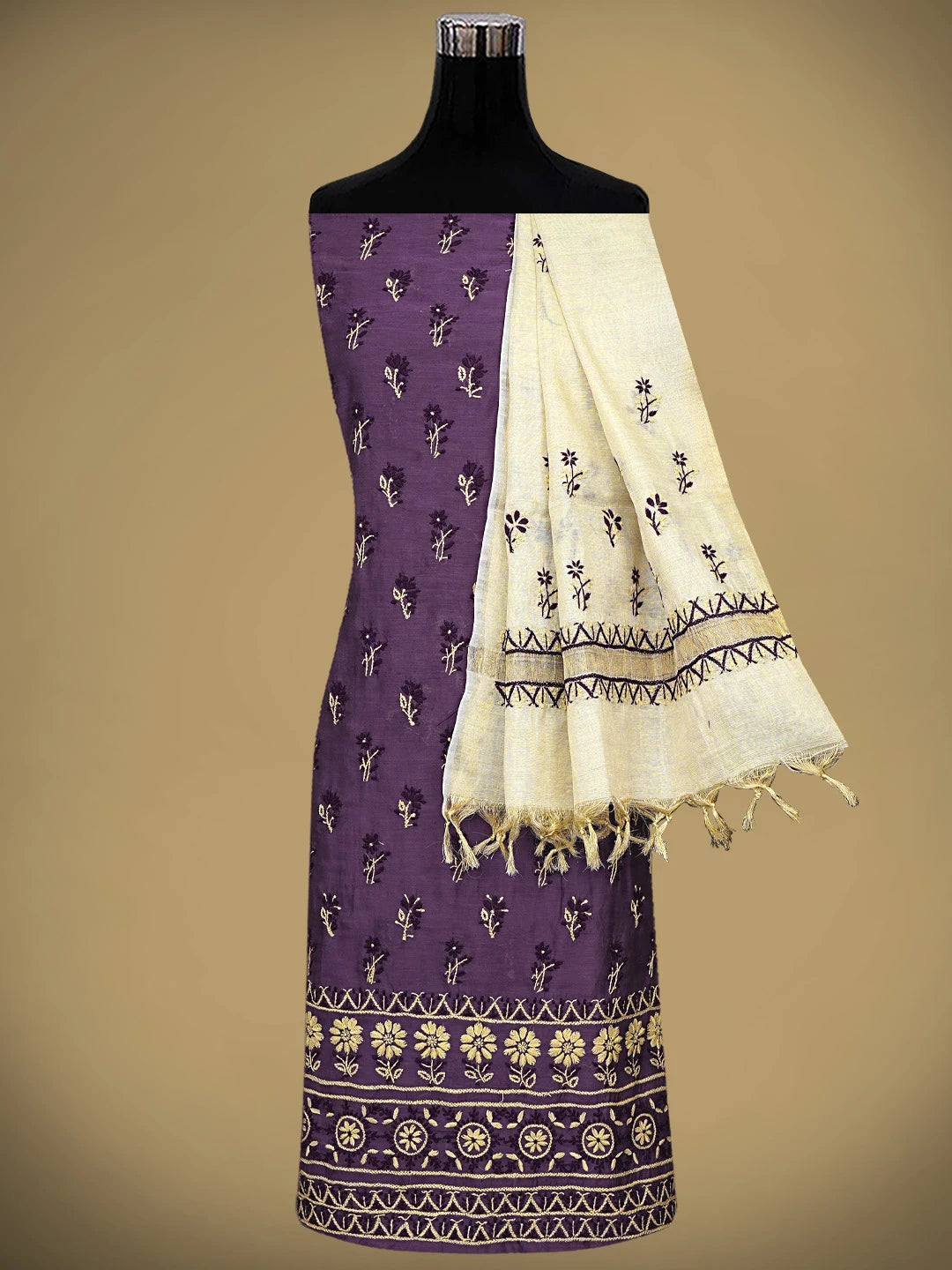 Ada Hand Embroidered Purple Chanderi Lucknowi Chikankari Unstitched Kurta Dupatta Set 01A945668