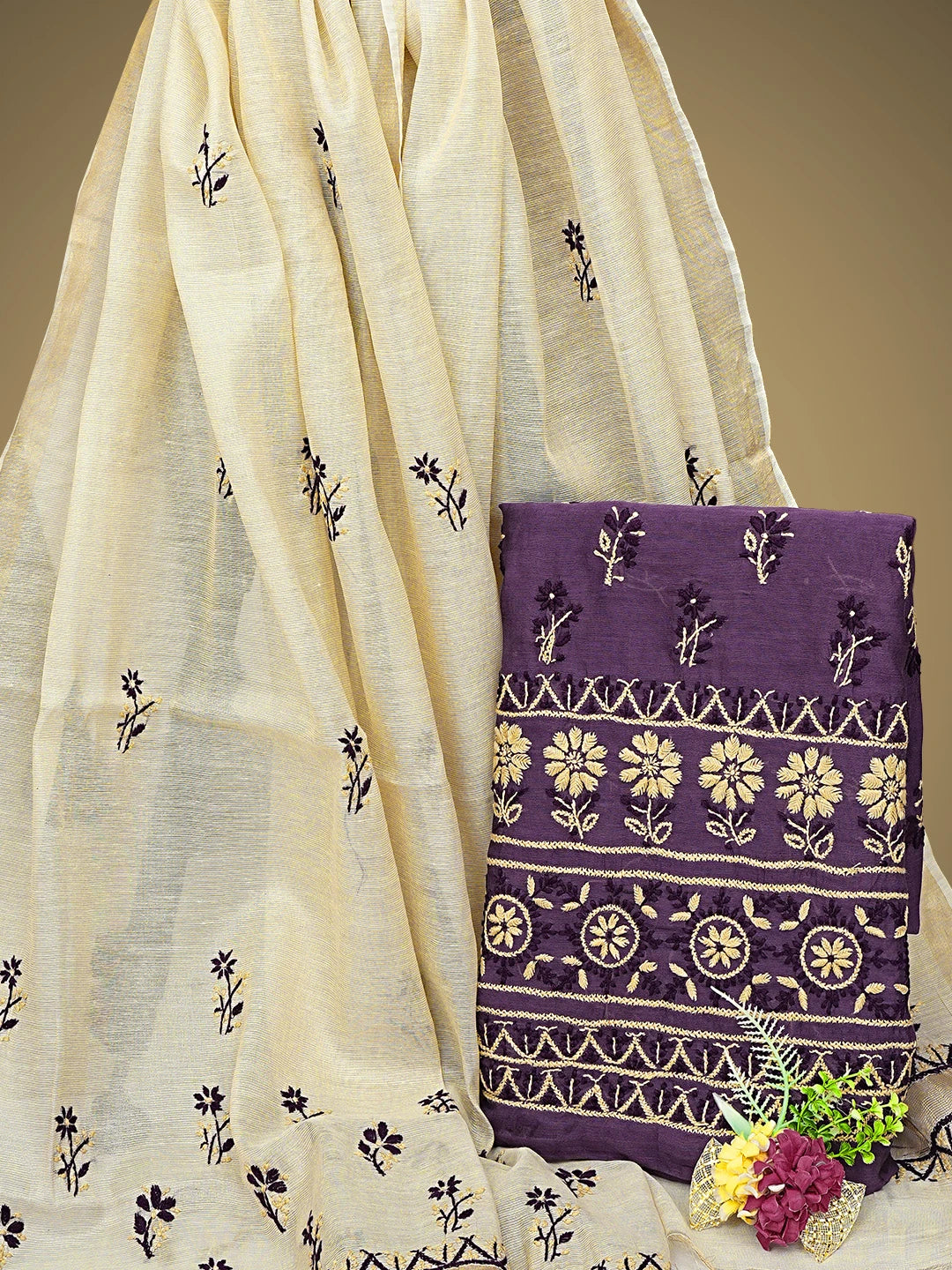Ada Hand Embroidered Purple Chanderi Lucknowi Chikankari Unstitched Kurta Dupatta Set 01A945668