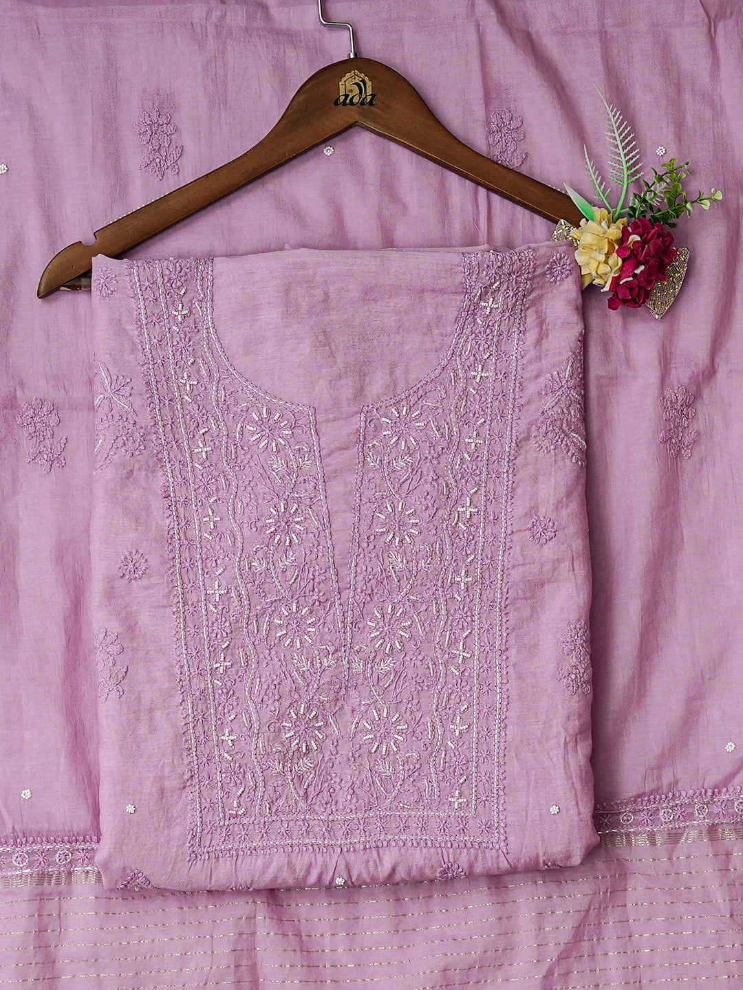 Ada Hand Embroidered Lavender Chanderi Lucknowi Chikankari Unstitched Kurta Dupatta Set With Cutdana Work 01A922159