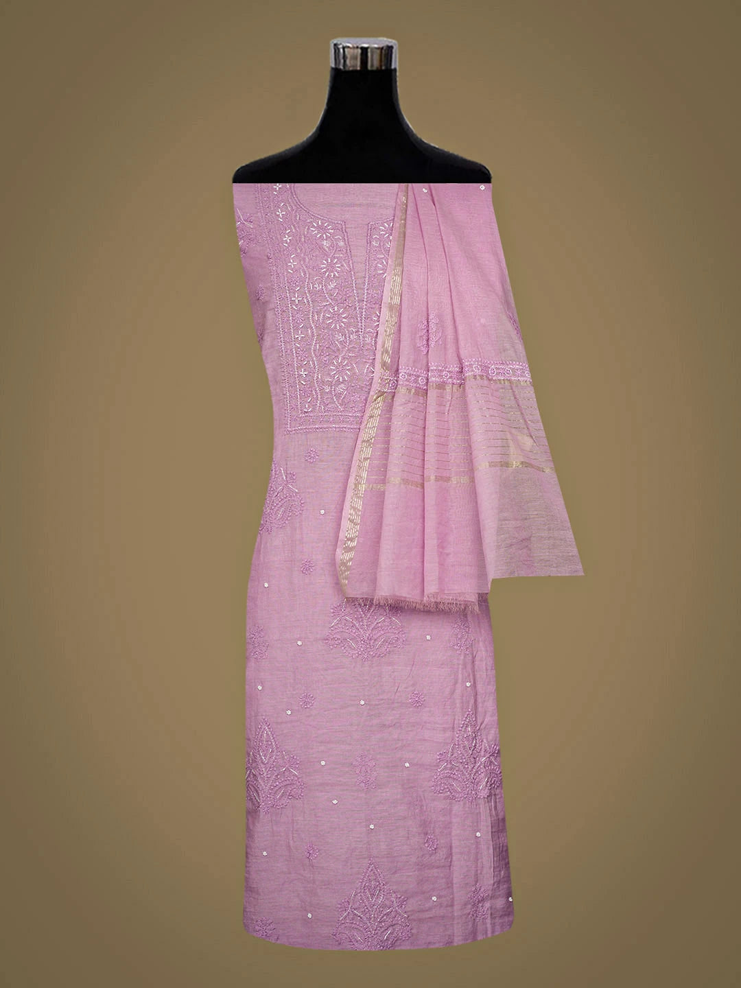 Ada Hand Embroidered Lavender Chanderi Lucknowi Chikankari Unstitched Kurta Dupatta Set With Cutdana Work 01A922159