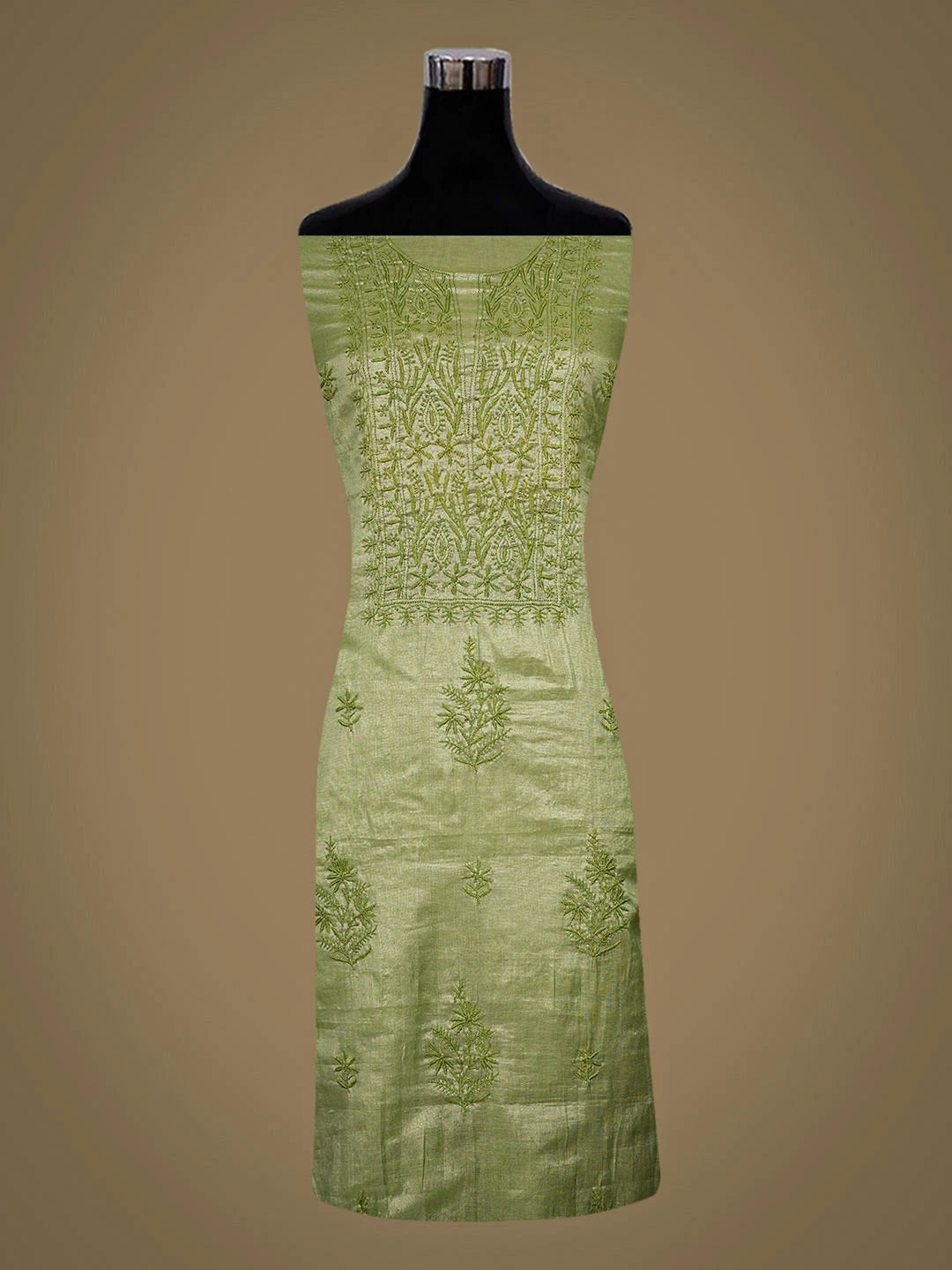 Ada Hand Embroidered Pista Green Tissue Lucknowi Chikankari Unstitched Kurta Dupatta Set 01A901634