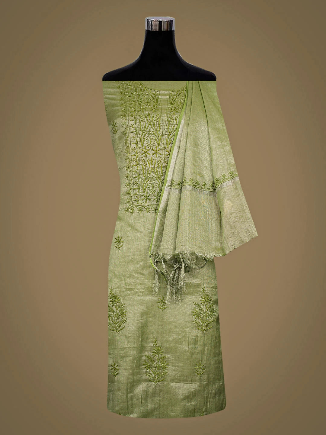 Ada Hand Embroidered Pista Green Tissue Lucknowi Chikankari Unstitched Kurta Dupatta Set 01A901634