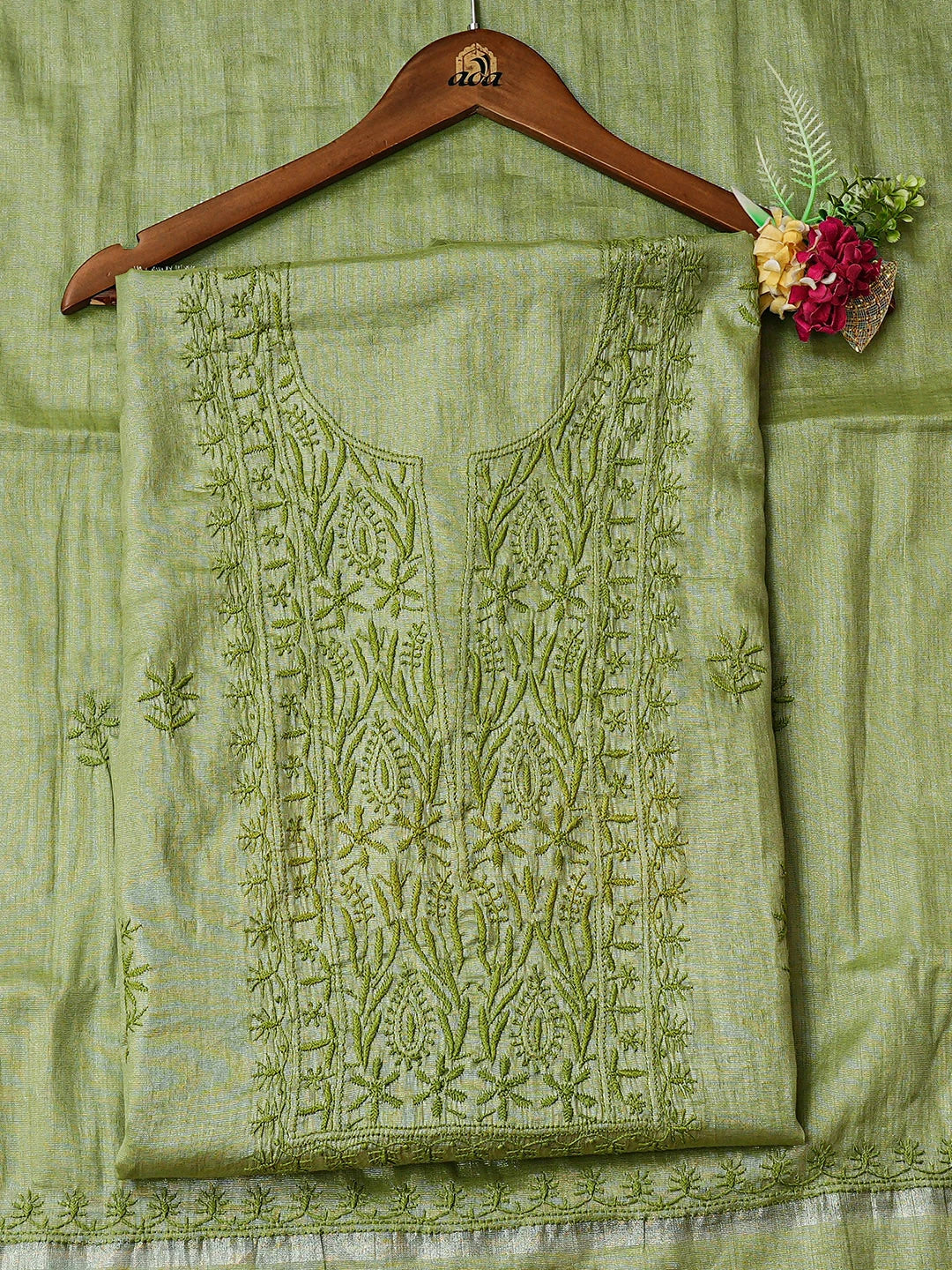 Ada Hand Embroidered Pista Green Tissue Lucknowi Chikankari Unstitched Kurta Dupatta Set 01A901634