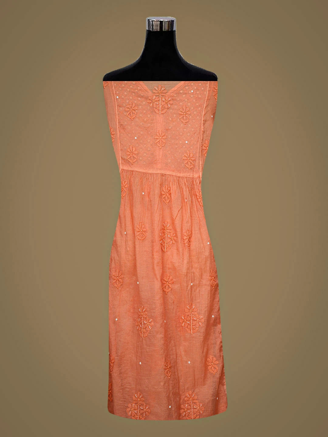 Ada Hand Embroidered Coral Glow Chanderi Lucknowi Chikankari Semi-Stitched A-line Kurta Dupatta Set With Pearl Work 01A939629