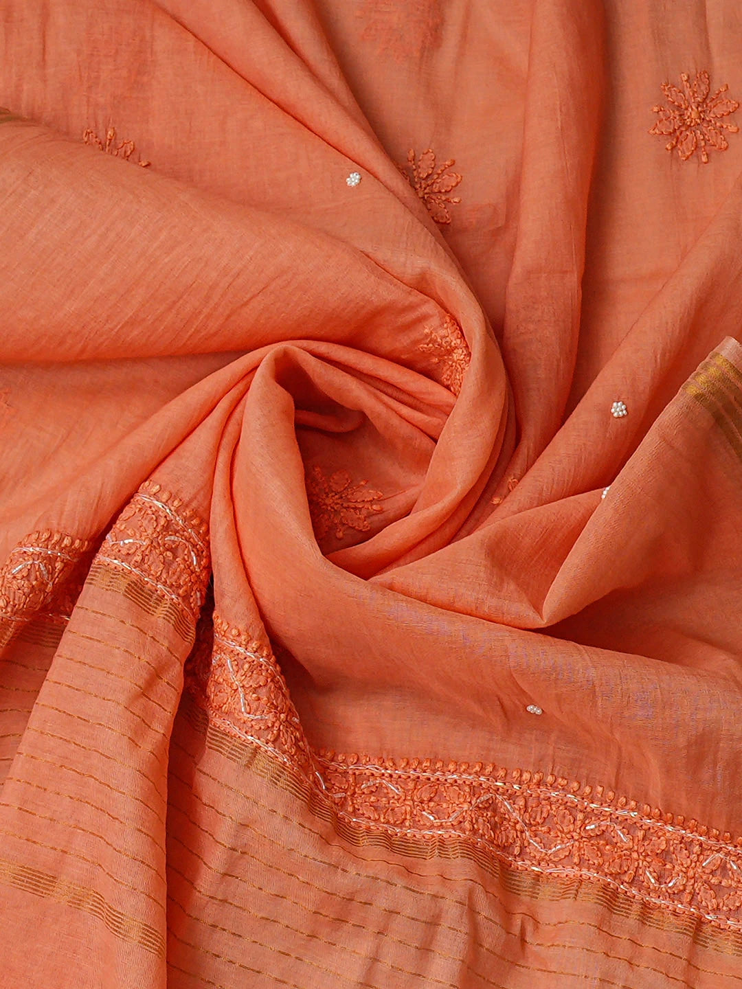 Ada Hand Embroidered Coral Glow Chanderi Lucknowi Chikankari Semi-Stitched A-line Kurta Dupatta Set With Pearl Work 01A939629