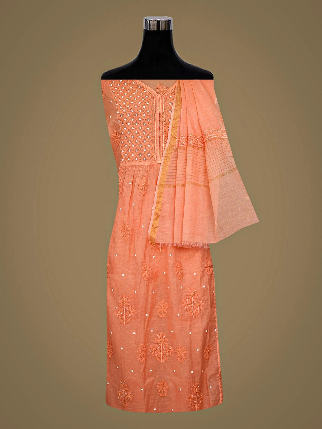 Ada Hand Embroidered Coral Glow Chanderi Lucknowi Chikankari Semi-Stitched A-line Kurta Dupatta Set With Pearl Work 01A939629