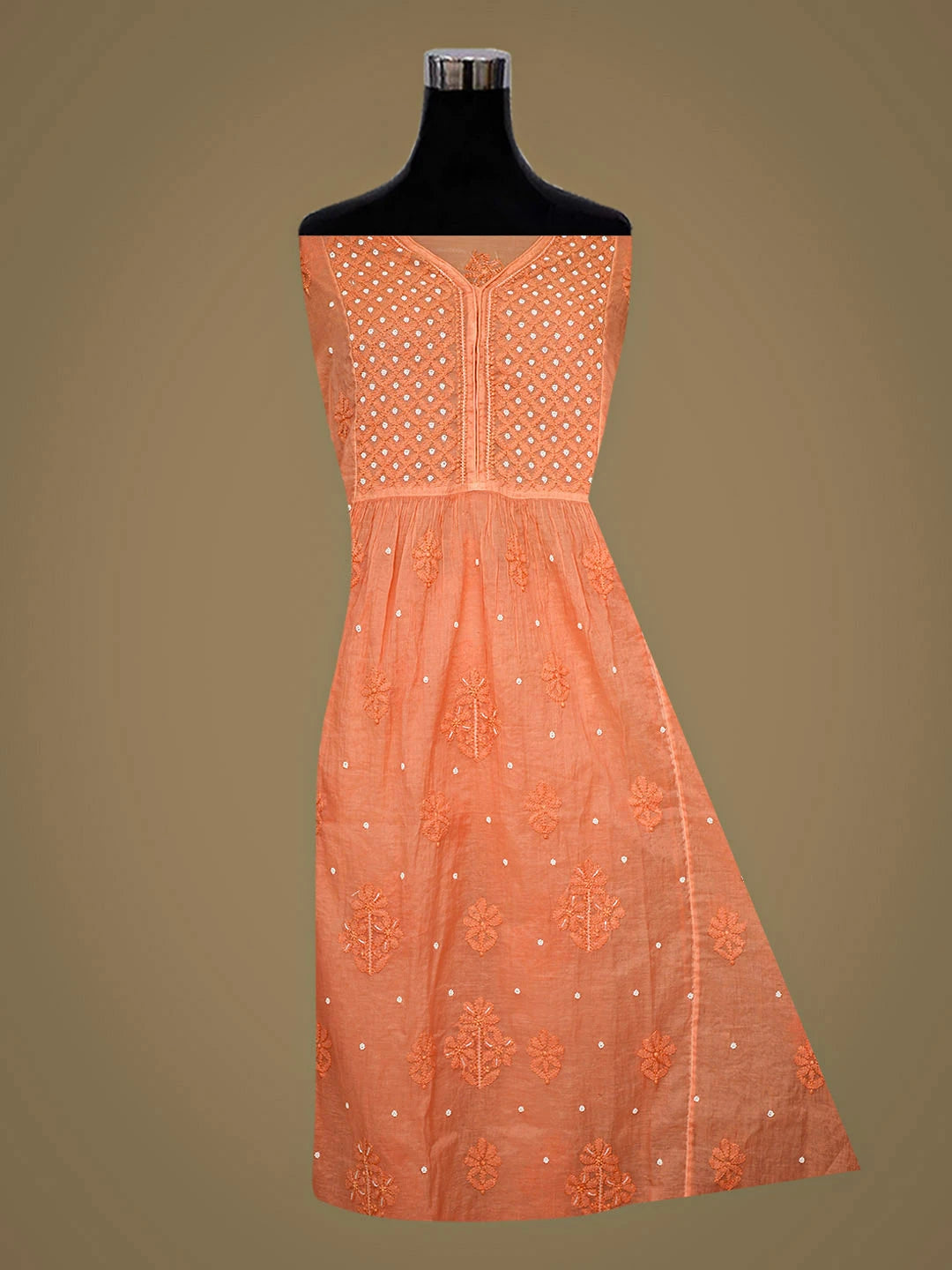 Ada Hand Embroidered Coral Glow Chanderi Lucknowi Chikankari Semi-Stitched A-line Kurta Dupatta Set With Pearl Work 01A939629