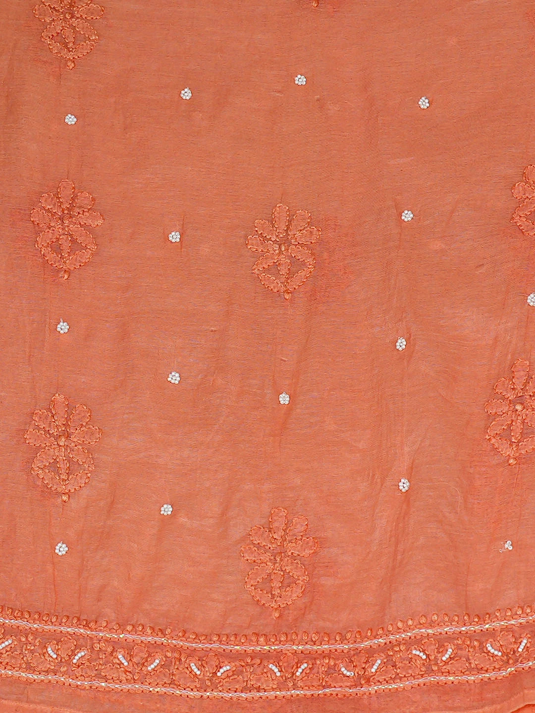 Ada Hand Embroidered Coral Glow Chanderi Lucknowi Chikankari Semi-Stitched A-line Kurta Dupatta Set With Pearl Work 01A939629