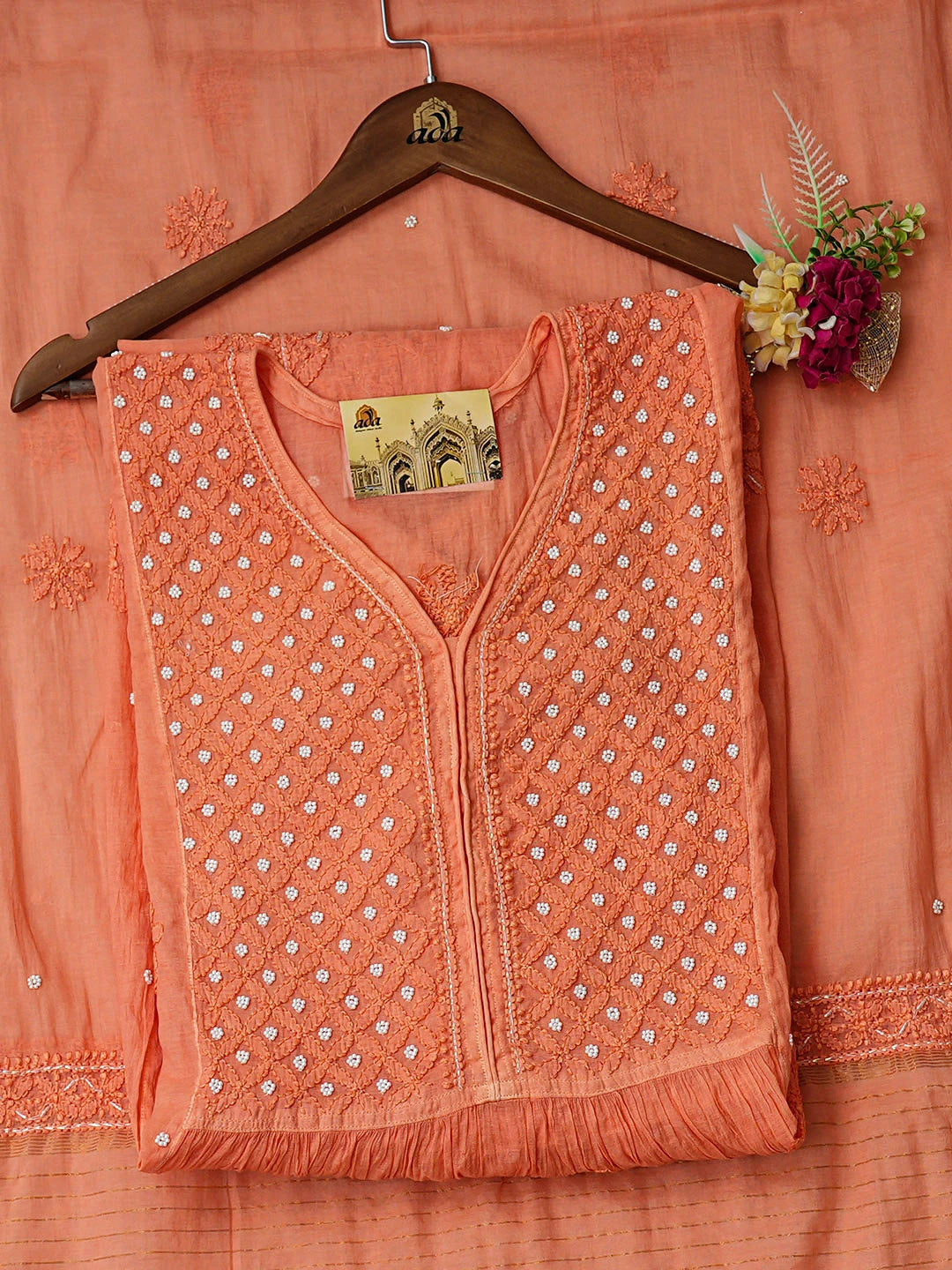 Ada Hand Embroidered Coral Glow Chanderi Lucknowi Chikankari Semi-Stitched A-line Kurta Dupatta Set With Pearl Work 01A939629