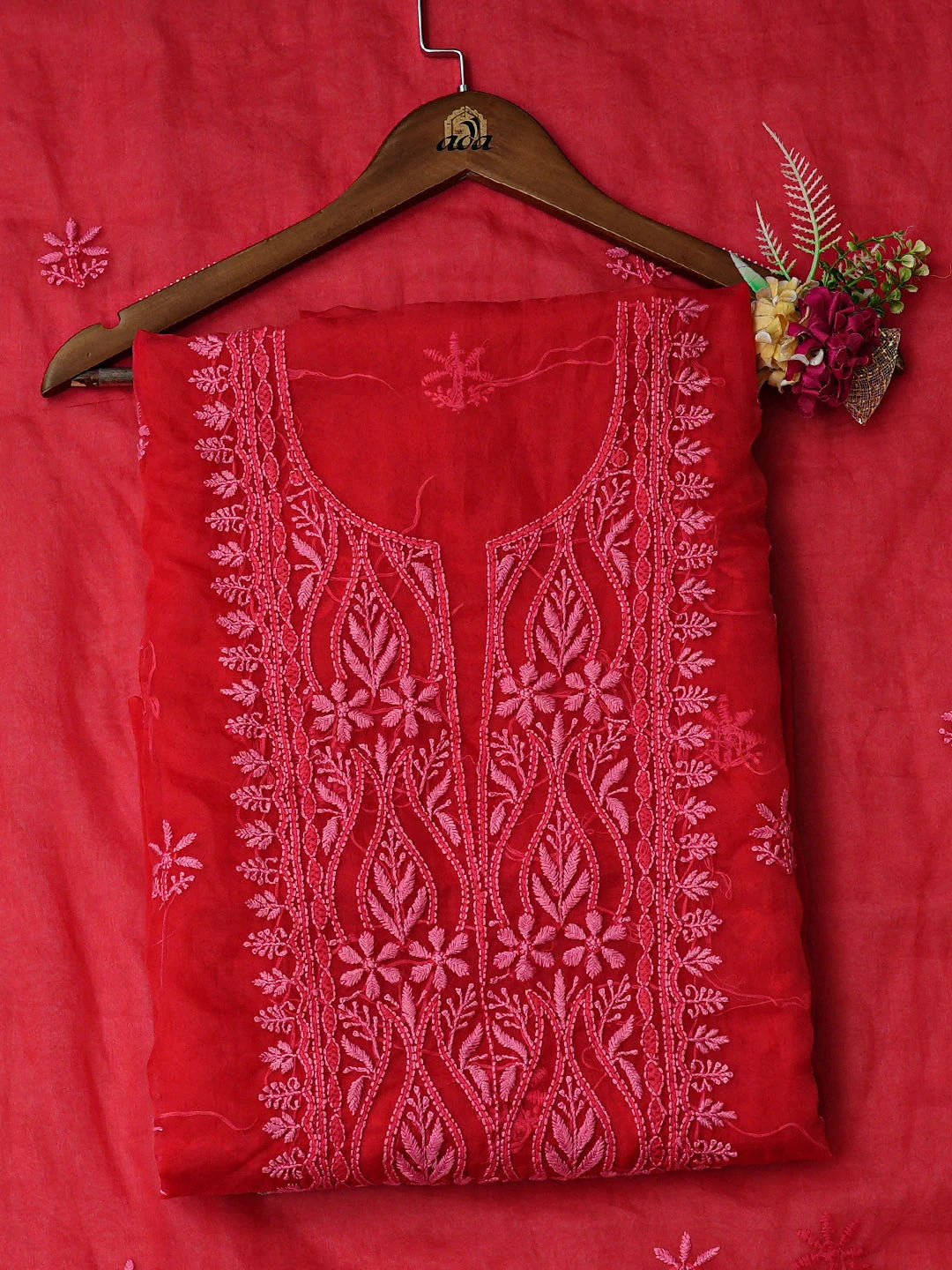 Ada Hand Embroidered Red Organza Lucknowi Chikankari Unstitched Kurta Dupatta Set 01A907767