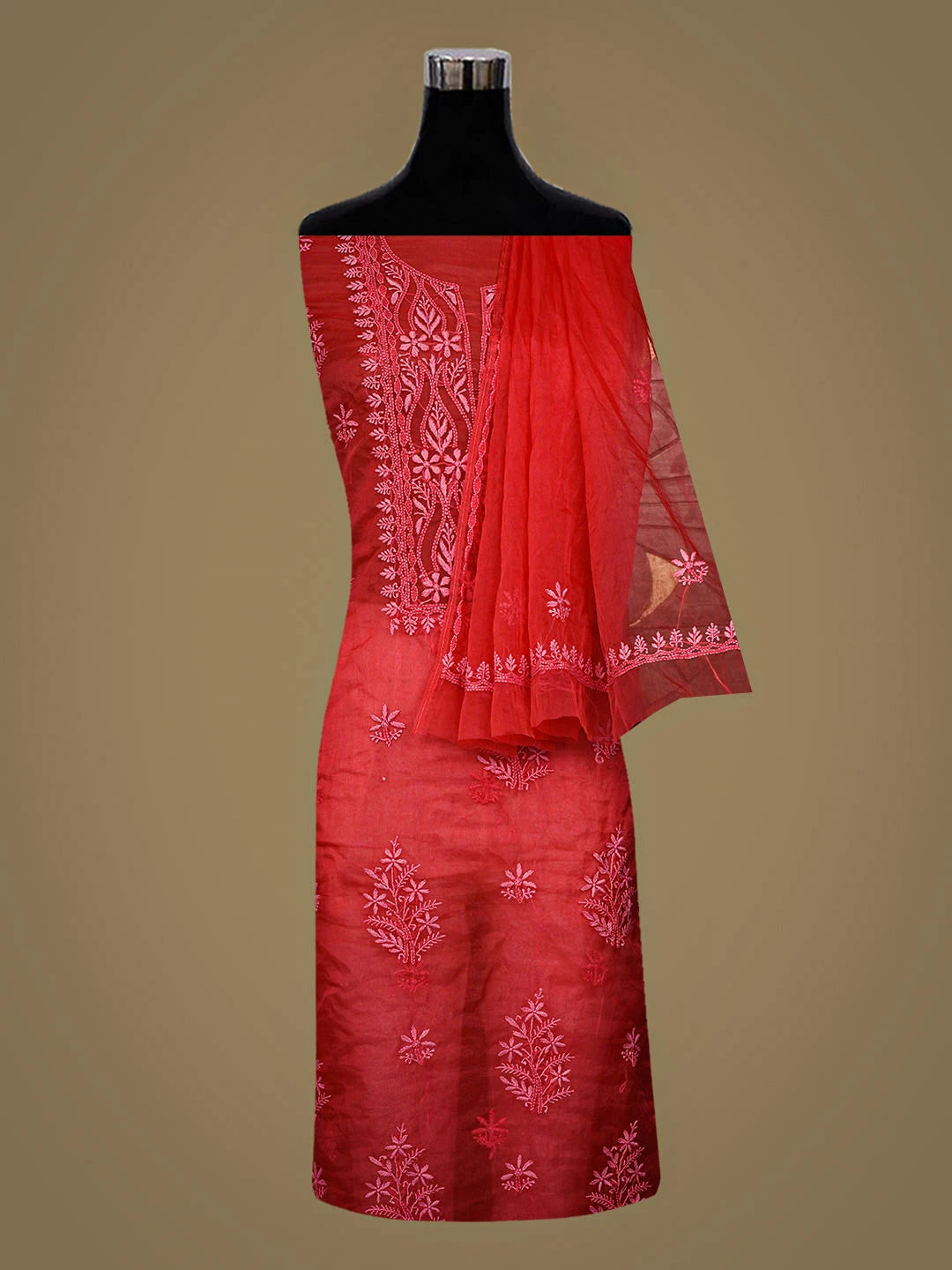 Ada Hand Embroidered Red Organza Lucknowi Chikankari Unstitched Kurta Dupatta Set 01A907767