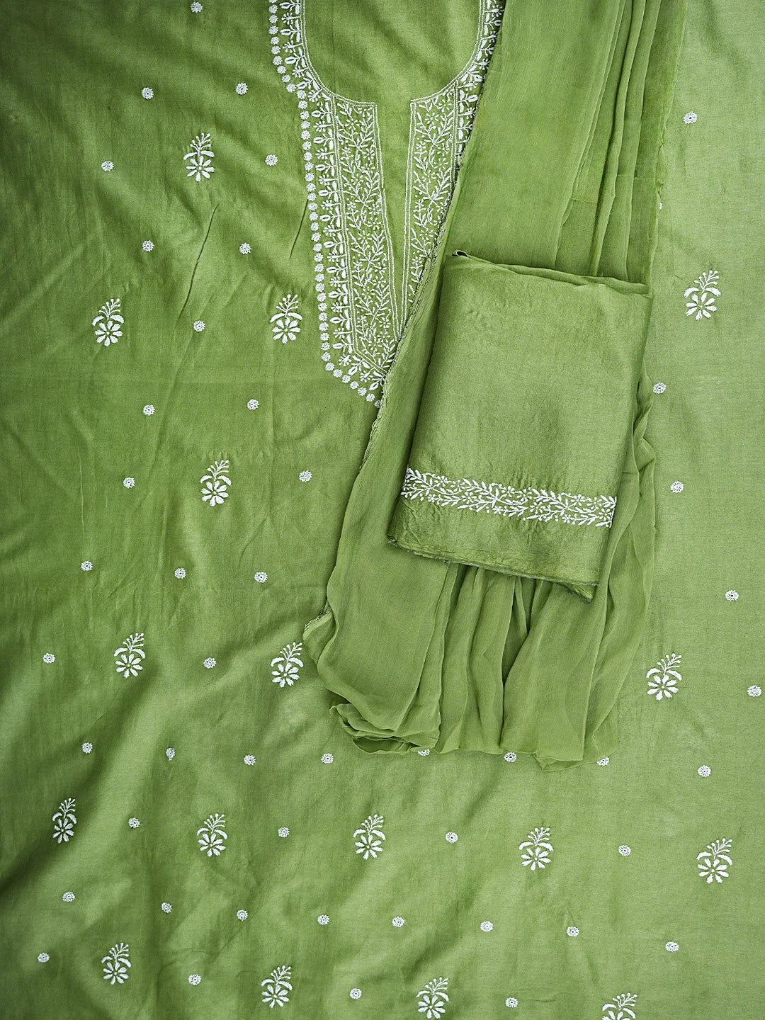 Ada Hand Embroidered Mehandi Green Chanderi Lucknowi Chikankari Unstitched Suit Piece 01A791846