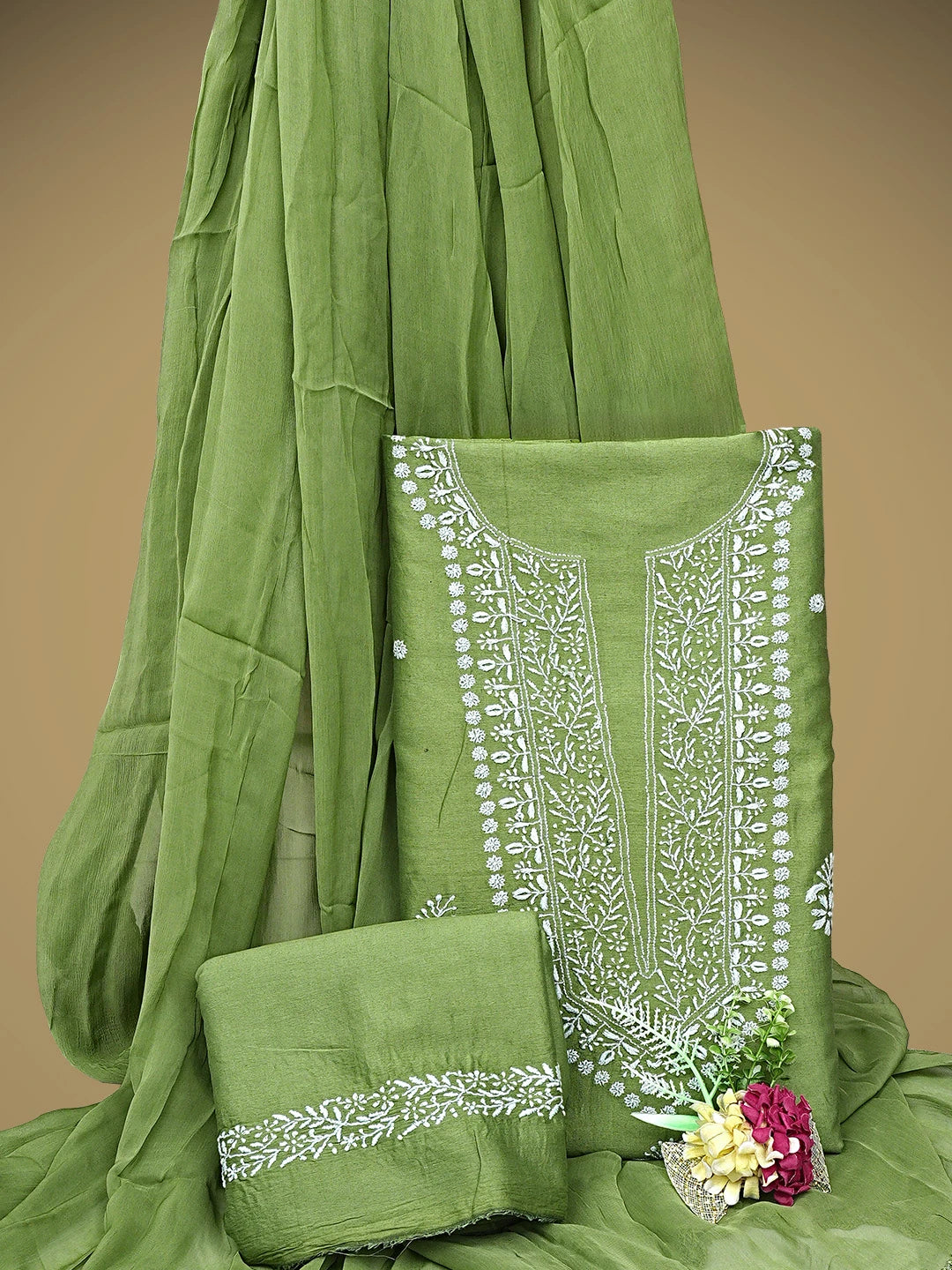 Ada Hand Embroidered Mehandi Green Chanderi Lucknowi Chikankari Unstitched Suit Piece 01A791846