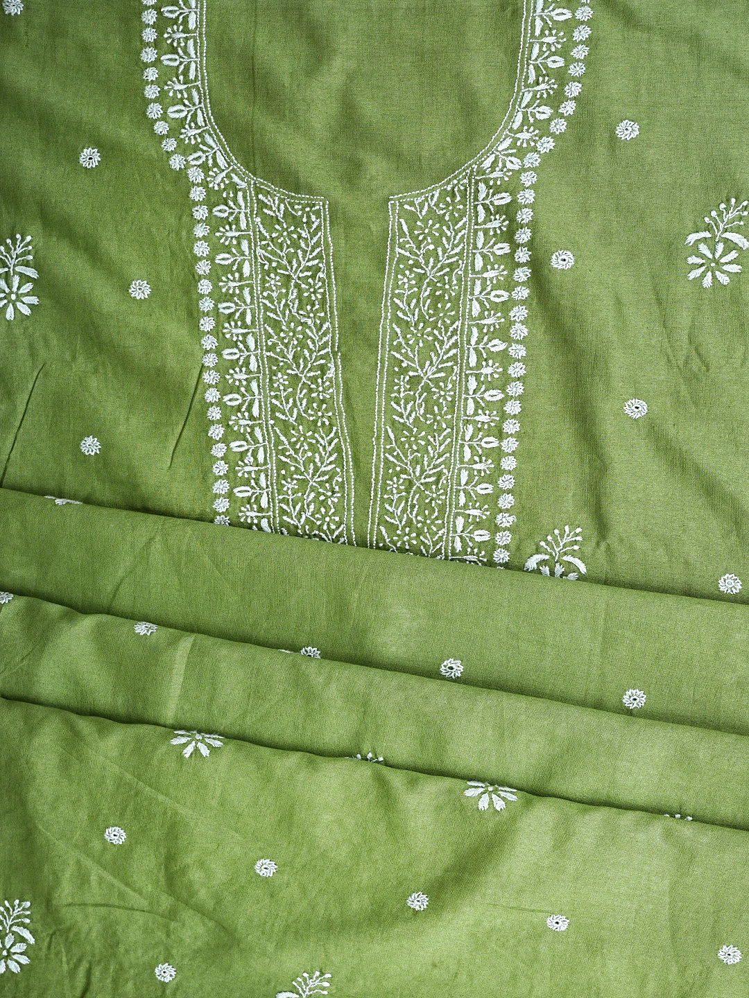 Ada Hand Embroidered Mehandi Green Chanderi Lucknowi Chikankari Unstitched Suit Piece 01A791846
