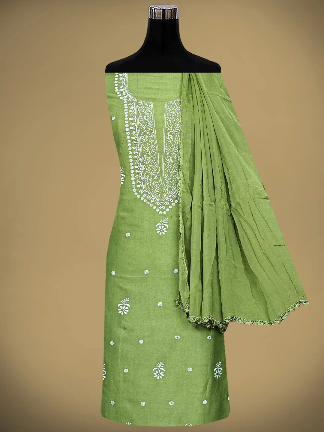 Ada Hand Embroidered Mehandi Green Chanderi Lucknowi Chikankari Unstitched Suit Piece 01A791846