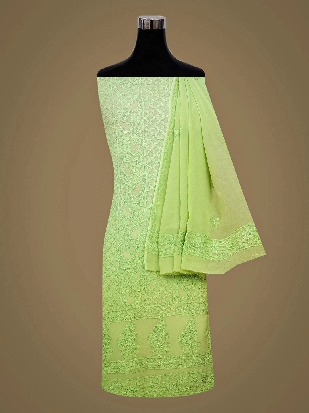 Ada Hand Embroidered Green Viscose Georgette Lucknowi Chikankari Unstitched Kurta Dupatta Set 01A811115