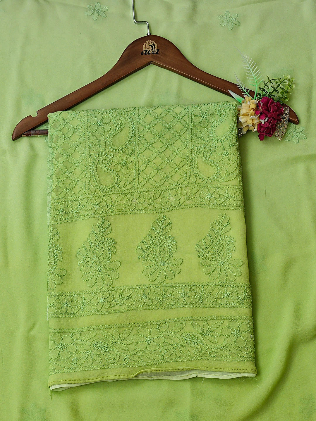 Ada Hand Embroidered Green Viscose Georgette Lucknowi Chikankari Unstitched Kurta Dupatta Set 01A811115