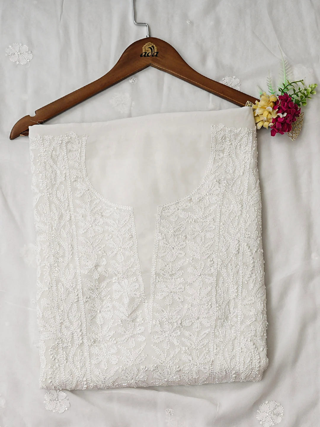Ada Hand Embroidered White Viscose Georgette Lucknowi Chikankari Unstitched Kurta Dupatta Set With Cutdana Work 01A893665