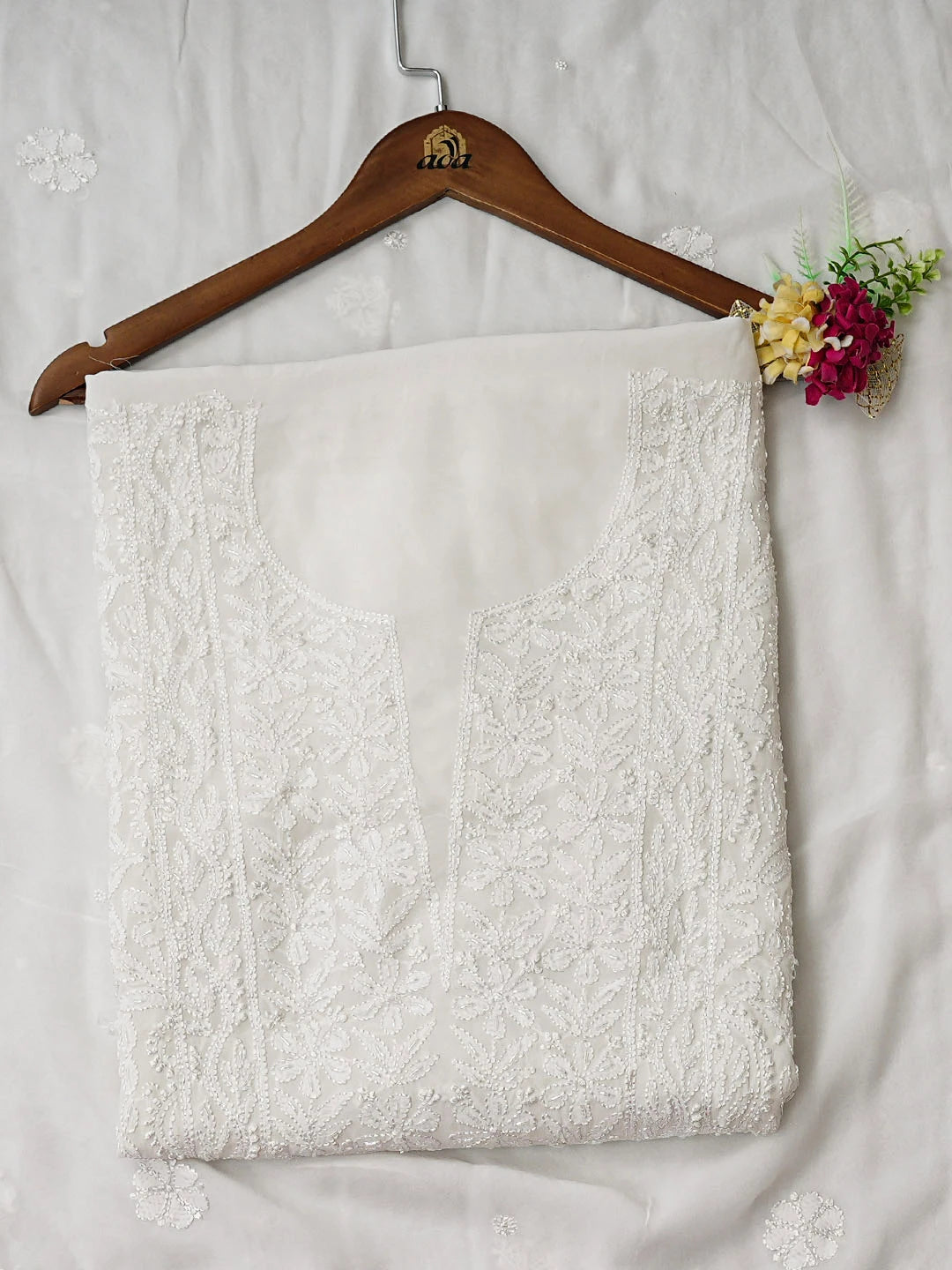 Ada Hand Embroidered White Viscose Georgette Lucknowi Chikankari Unstitched Kurta Dupatta Set With Cutdana Work 01A893665