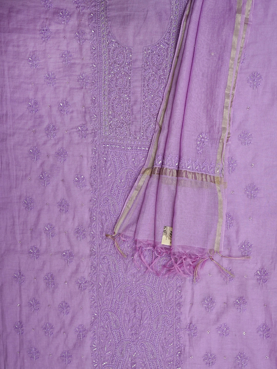 Ada Hand Embroidered Lavender Purple Chanderi Lucknowi Chikankari Unstitched Kurta Dupatta Set With Cutdana Work 01A787505