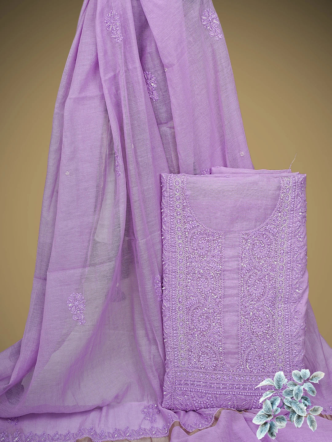 Ada Hand Embroidered Lavender Purple Chanderi Lucknowi Chikankari Unstitched Kurta Dupatta Set With Cutdana Work 01A787505