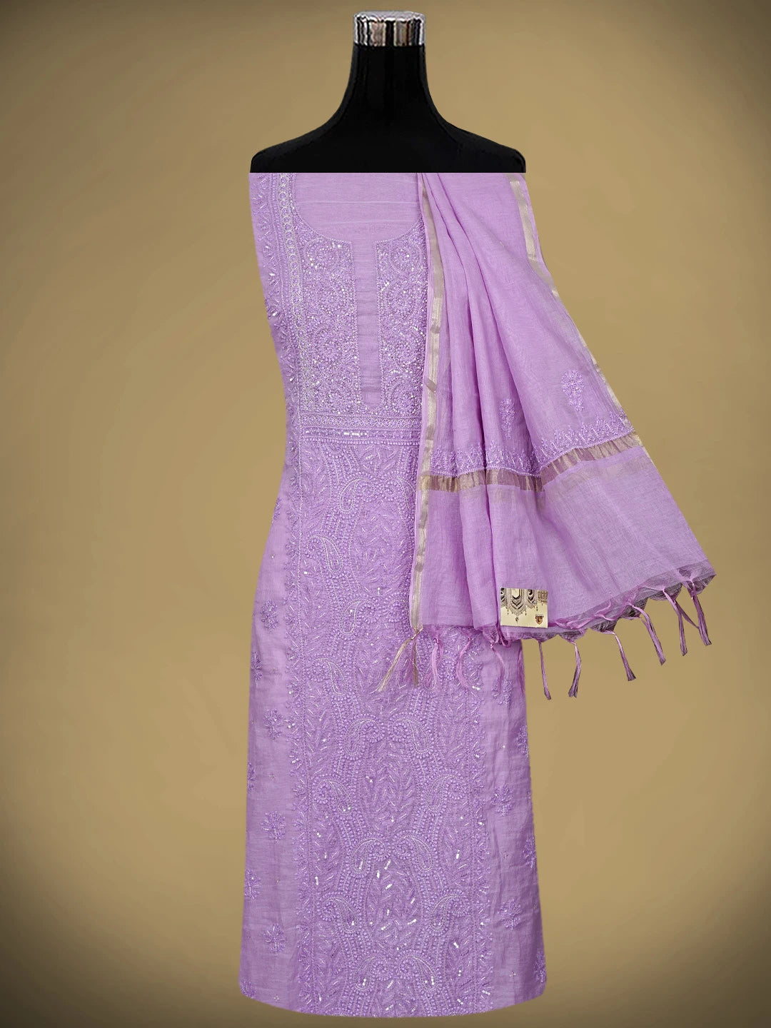 Ada Hand Embroidered Lavender Purple Chanderi Lucknowi Chikankari Unstitched Kurta Dupatta Set With Cutdana Work 01A787505