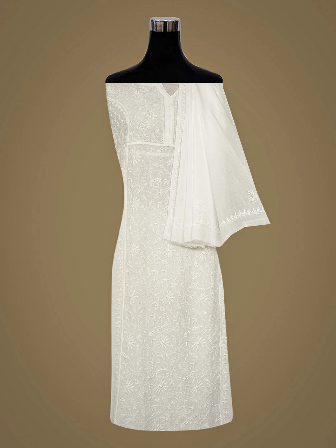 Ada Hand Embroidered White Viscose Georgette Lucknowi Chikankari Semi-Stitched Anarkali Kurta Dupatta Set 01A535023