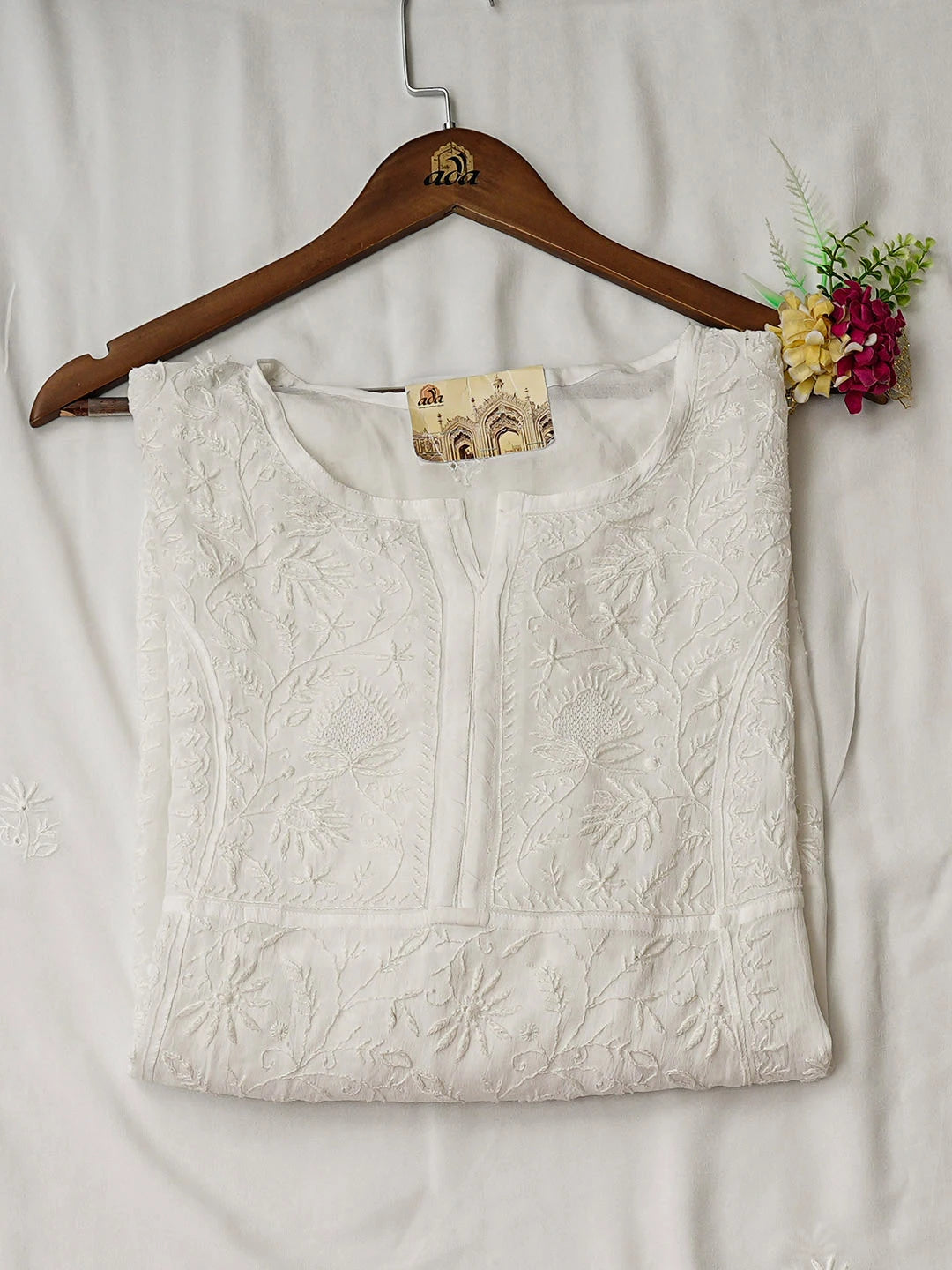 Ada Hand Embroidered White Viscose Georgette Lucknowi Chikankari Semi-Stitched Anarkali Kurta Dupatta Set 01A535023