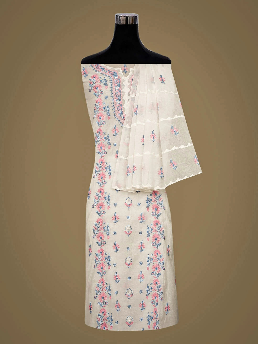Ada Hand Embroidered White Chanderi Lucknowi Chikankari Semi-stitched Kurta Dupatta Set 01A943675