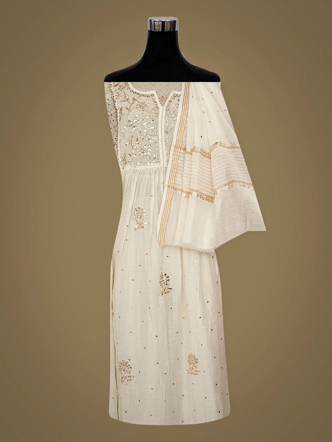 Ada Hand Embroidered White Chanderi Semi-stitched Kurta Dupatta Set With Muqaish/Mukaish Work 01A938968