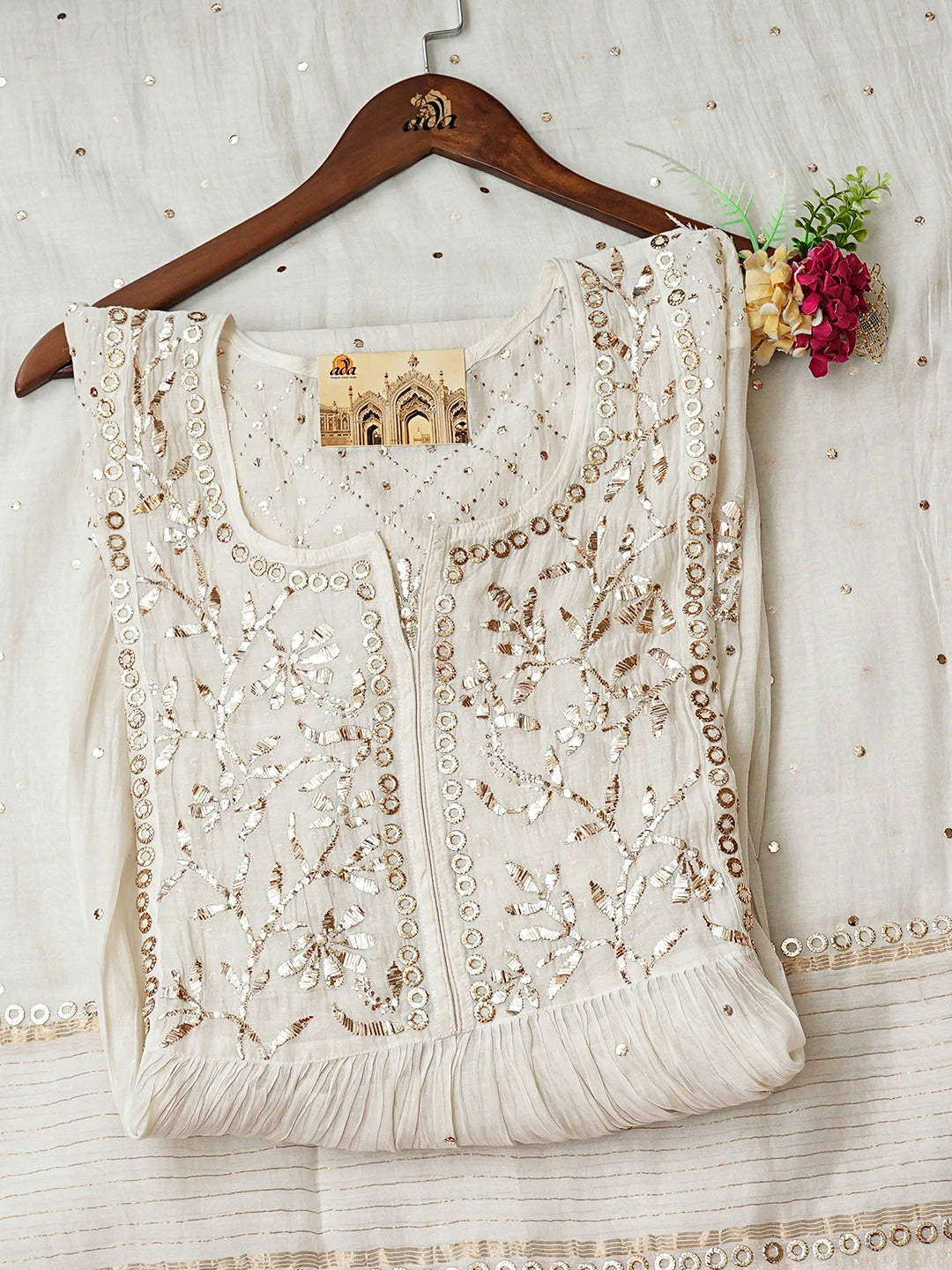 Ada Hand Embroidered White Chanderi Semi-stitched Kurta Dupatta Set With Muqaish/Mukaish Work 01A938968
