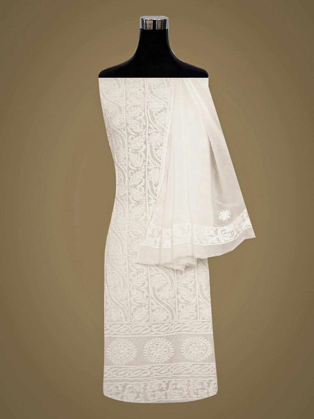 Ada Hand Embroidered White Viscose Georgette Lucknowi Chikankari Unstitched Kurta Dupatta Set With Cutdana Work 01A948006