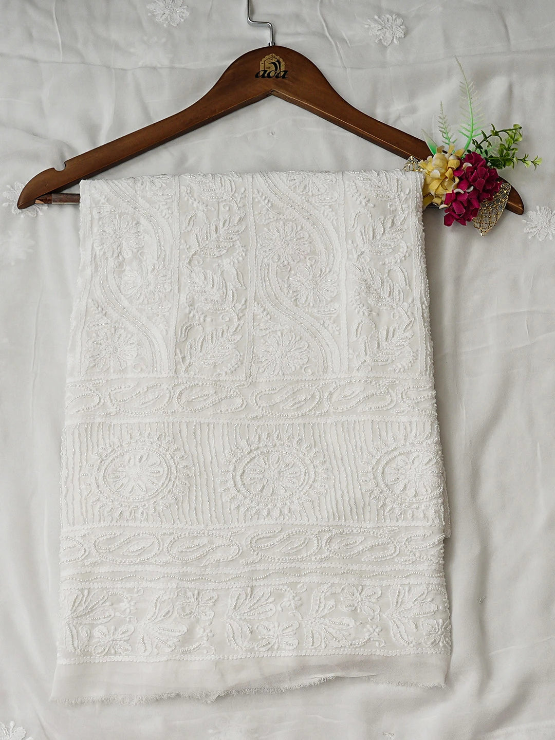 Ada Hand Embroidered White Viscose Georgette Lucknowi Chikankari Unstitched Kurta Dupatta Set With Cutdana Work 01A948006