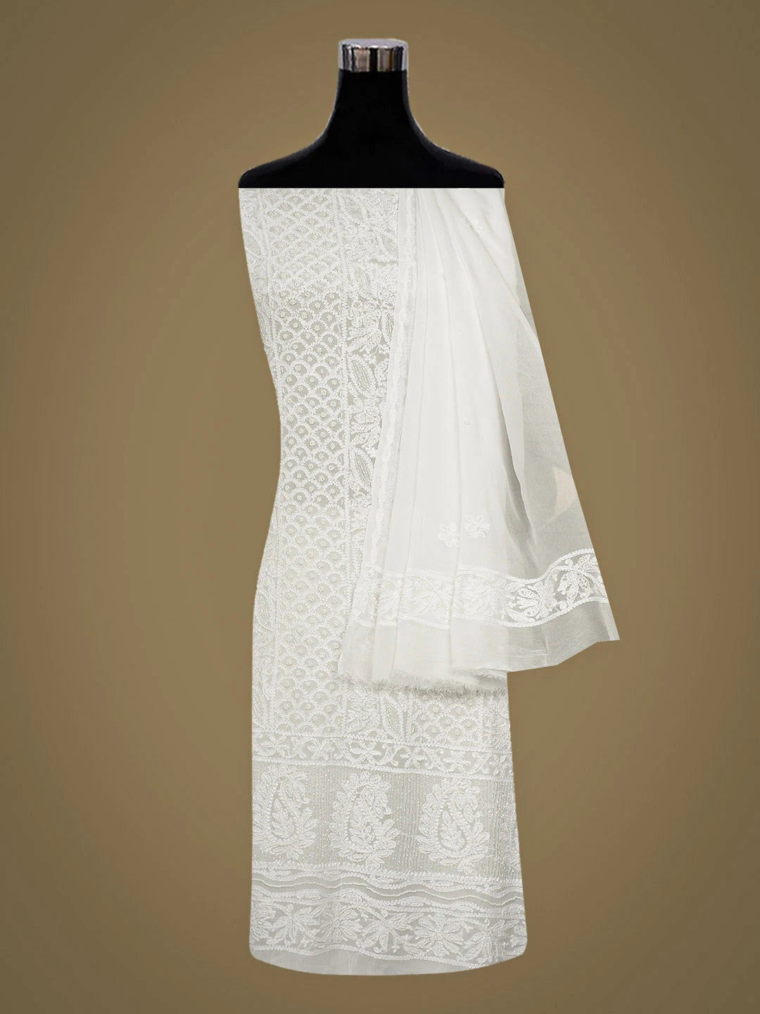 Ada Hand Embroidered White Viscose Georgette Lucknowi Chikankari Unstitched Kurta Dupatta Set With Cutdana Work 01A948005