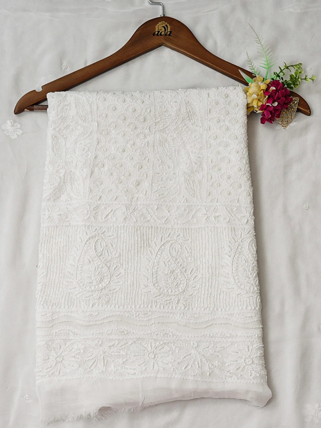 Ada Hand Embroidered White Viscose Georgette Lucknowi Chikankari Unstitched Kurta Dupatta Set With Cutdana Work 01A948005