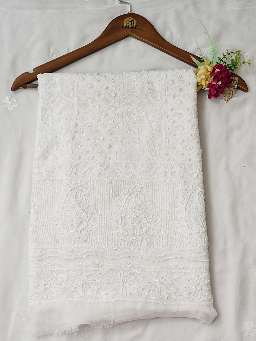 Ada Hand Embroidered White Viscose Georgette Lucknowi Chikankari Unstitched Kurta Dupatta Set With Cutdana Work 01A948005