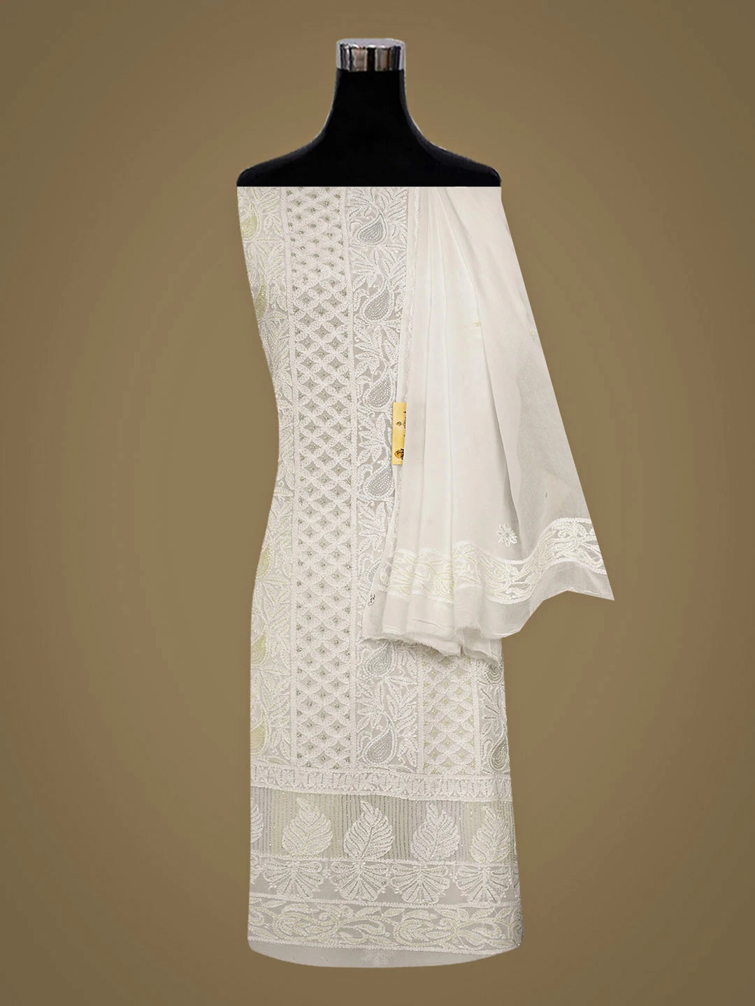 Ada Hand Embroidered White Viscose Georgette Lucknowi Chikankari Unstitched Kurta Dupatta Set With Cutdana Work 01A948008